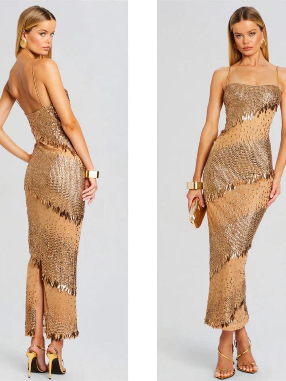 RETROFETE Carmine Sequin Embellished Sheer Gold Maxi Dress Size L